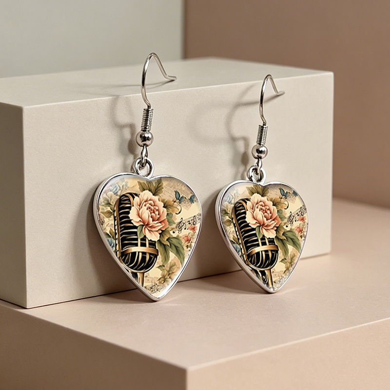 Heart Shape Glass Dome Dangle Earrings with Roses